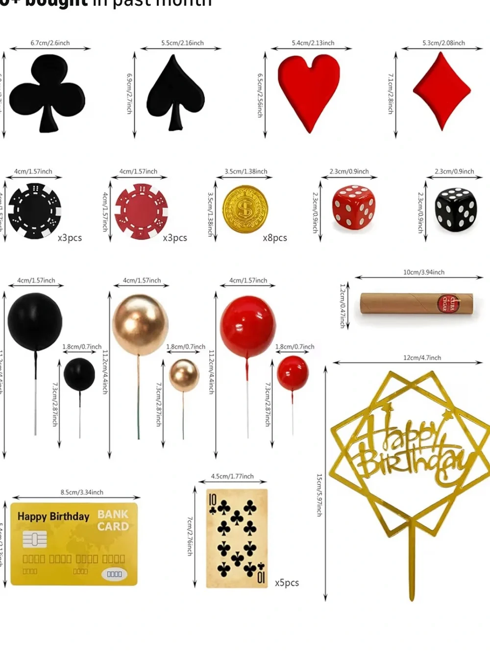 Casino Birthday Cake Toppers - Black Red Gold Party Picks